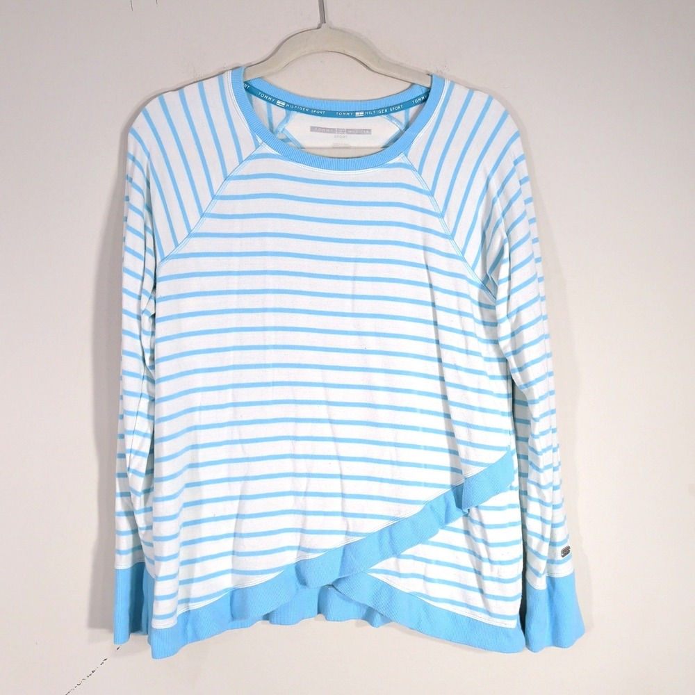 Tommy Hilfiger White Blue Striped Pullover; Long Sleeve Crewneck French Terry